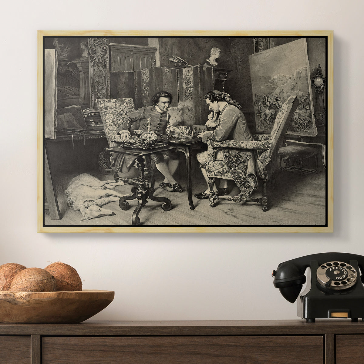 The Chess Players, 1858 by Ernest Meissonier in a natural wood floater framed canvas displayed above a console table in a hallway, featuring a monochrome-style depiction of strategic game between two figures.