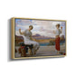 Angled view of Winding the Skein, c. 1878 by Frederic Leighton in a natural wood floater framed canvas.