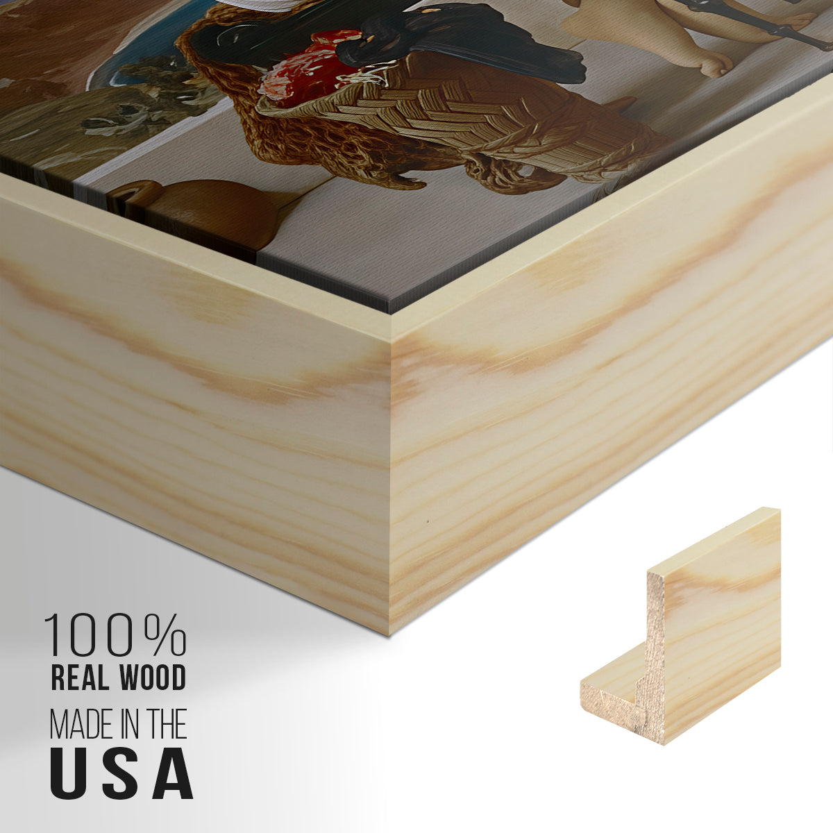 Close-up of the natural wood floater frame corner and gallery wrapped canvas construction.