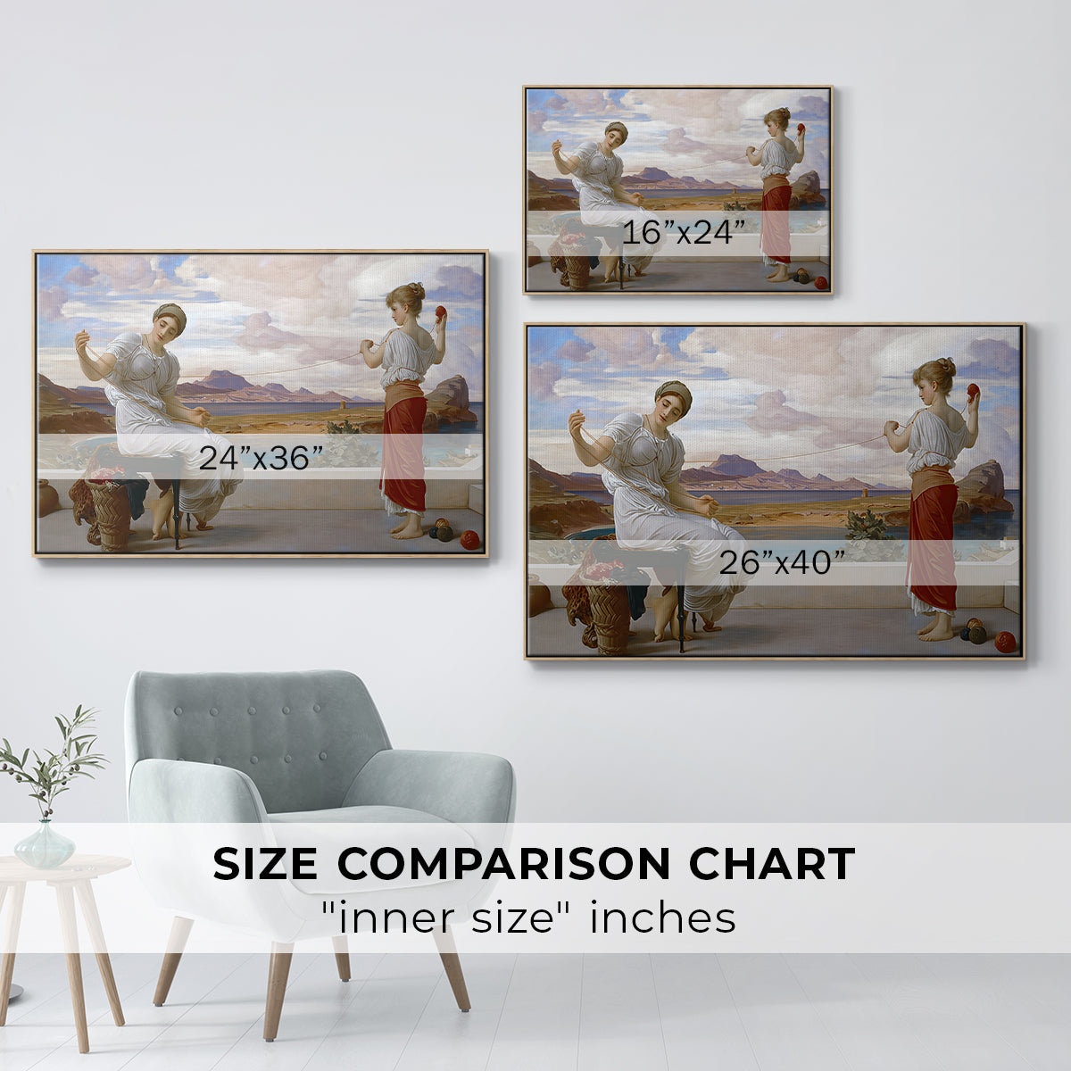 Size comparison chart for natural wood floater framed canvas featuring Winding the Skein, c. 1878 by Frederic Leighton.