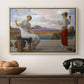 Winding the Skein, c. 1878 by Frederic Leighton in a natural wood floater framed canvas displayed above a console table in a hallway, featuring an elegant composition of women performing domestic task.