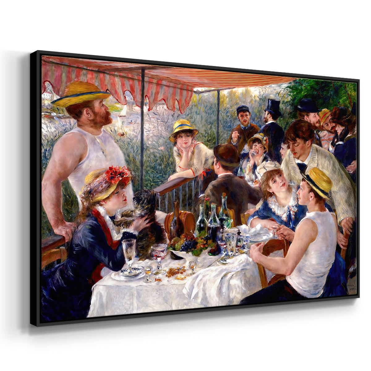 Angled view of Luncheon of the Boating Party (Le Déjeuner des canotiers), 1880-1881 by Pierre-Auguste Renoir in a black floater framed canvas.