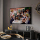 Luncheon of the Boating Party (Le Déjeuner des canotiers), 1880-1881 by Pierre-Auguste Renoir in a black floater framed canvas featuring an impressionist scene of friends enjoying lunch with wine and conversation, displayed above a desk in a dark home office interior.