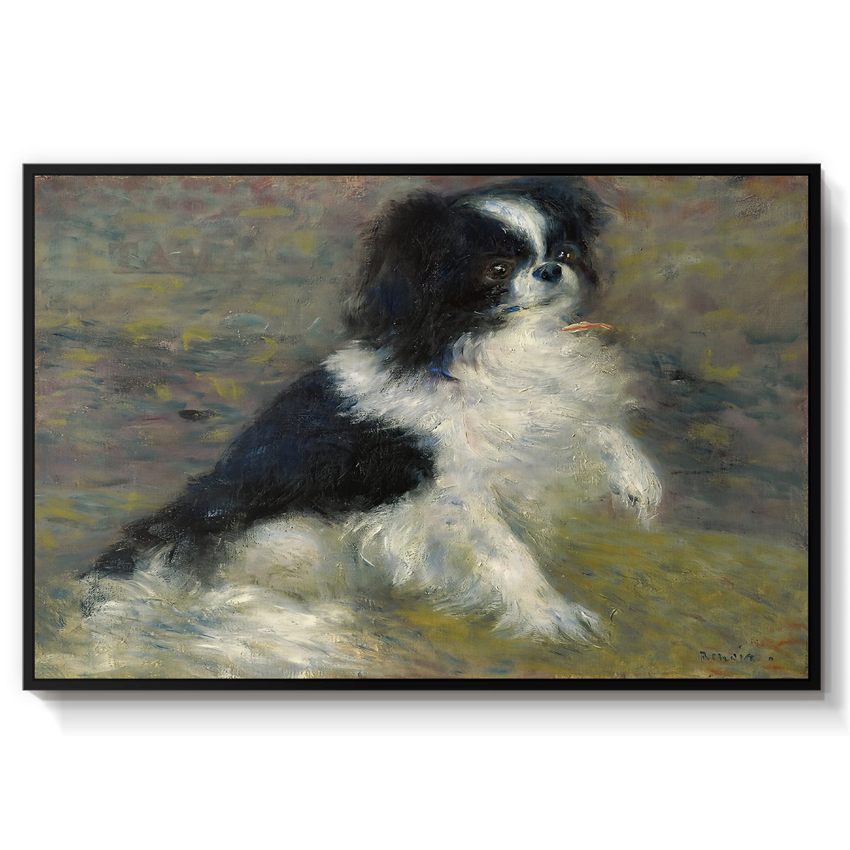 Tama, the Japanese Dog, c. 1876 by Pierre-Auguste Renoir in a black floater framed canvas wall art display.