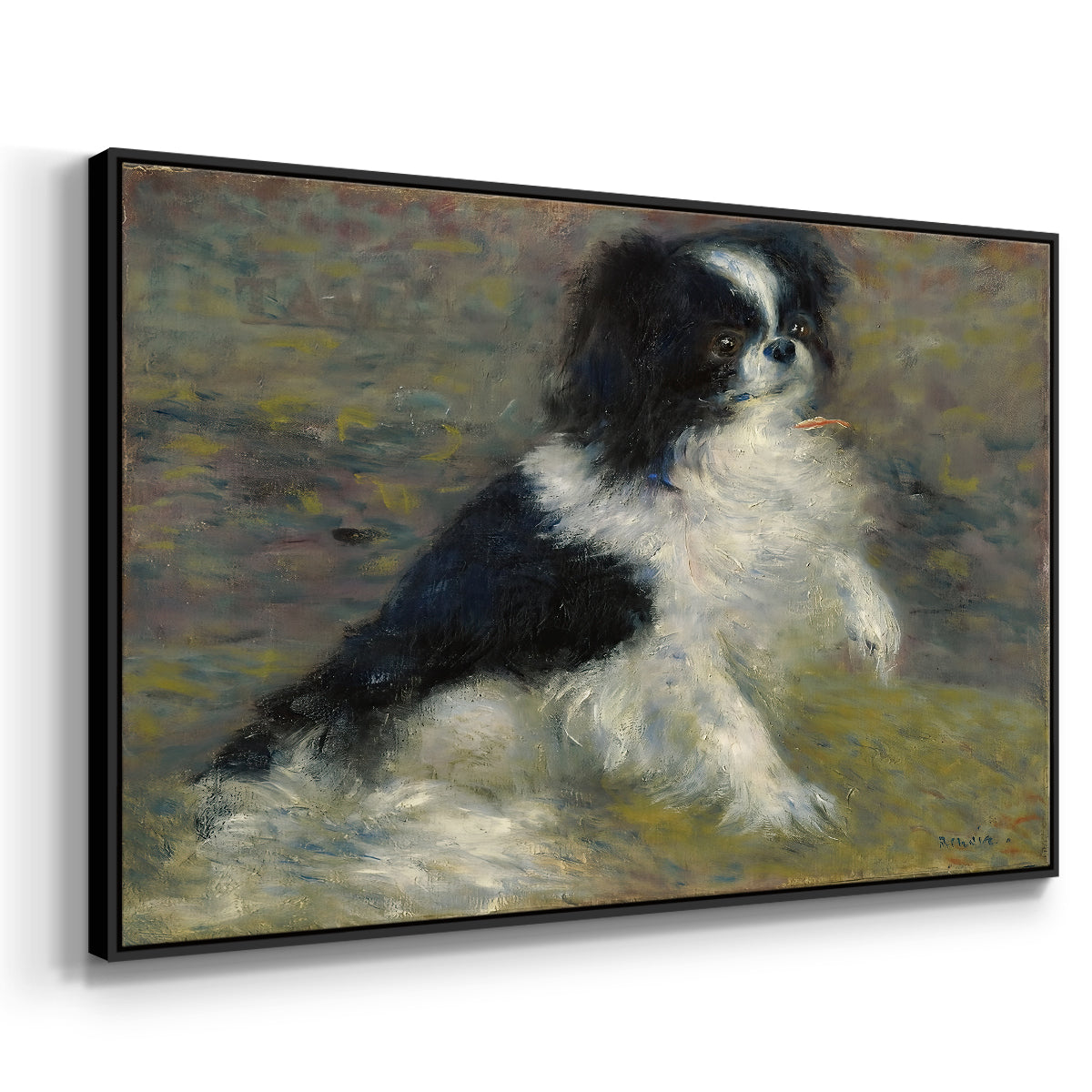 Angled view of Tama, the Japanese Dog, c. 1876 by Pierre-Auguste Renoir in a black floater framed canvas.