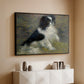 Black floater framed canvas of Tama, the Japanese Dog, c. 1876 by Pierre-Auguste Renoir, featuring an impressionist painting of a dog wading through water with blurred background above a console cabinet in a minimalist entryway.