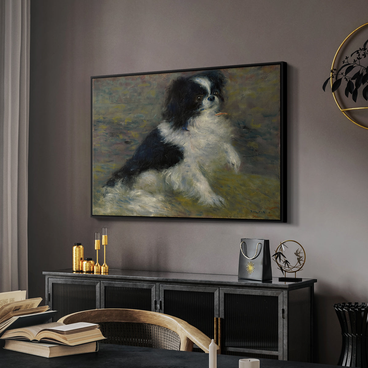 Tama, the Japanese Dog, c. 1876 by Pierre-Auguste Renoir in a black floater framed canvas featuring a close-up of a small dog in motion surrounded by rippling water, displayed above a desk in a dark home office interior.