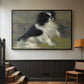 Black floater framed canvas featuring an animal portrait of a dog in natural outdoor setting with soft light, displayed in a hallway near a staircase.