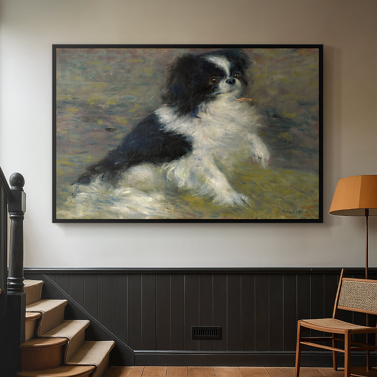 Black floater framed canvas featuring an animal portrait of a dog in natural outdoor setting with soft light, displayed in a hallway near a staircase.