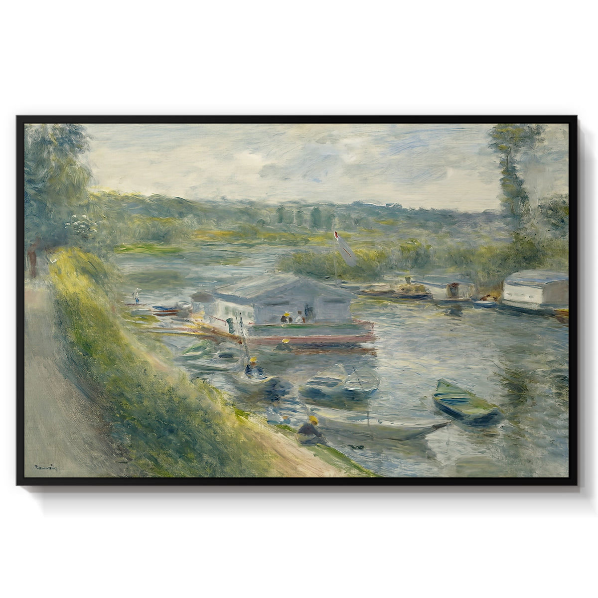 Wash-House Boat at Bas-Meudon, c. 1874 by Pierre-Auguste Renoir in a black floater framed canvas wall art display.