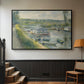 Black floater framed canvas featuring an everyday life scene with boat and figures along river edge, displayed in a hallway near a staircase.