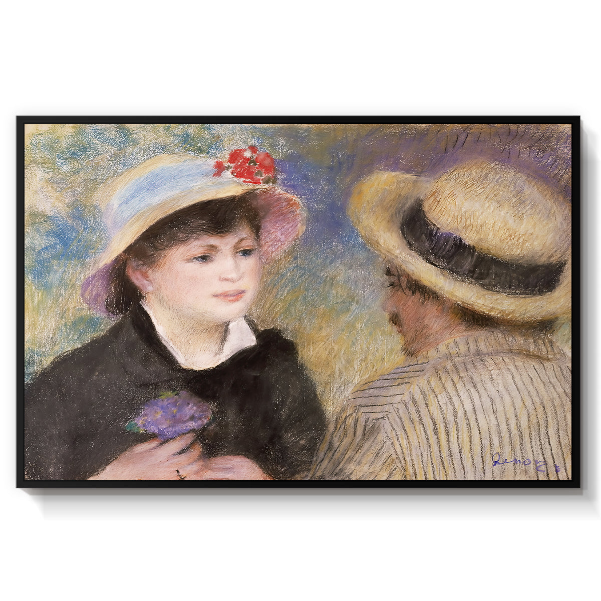 Boating Couple (Aline Charigot and Renoir), c. 1881 by Pierre-Auguste Renoir in a black floater framed canvas wall art display.