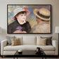Boating Couple (Aline Charigot and Renoir), c. 1881 by Pierre-Auguste Renoir displayed in a black floater framed canvas above a sofa in a clean living room.