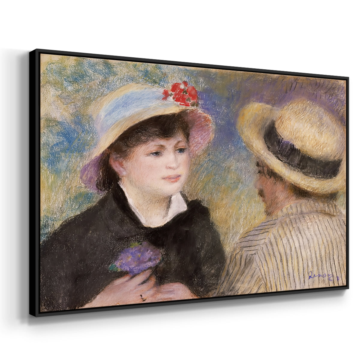 Angled view of Boating Couple (Aline Charigot and Renoir), c. 1881 by Pierre-Auguste Renoir in a black floater framed canvas.