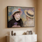 Black floater framed canvas of Boating Couple (Aline Charigot and Renoir), c. 1881 by Pierre-Auguste Renoir, featuring an intimate portrait of man and woman sitting side by side in outdoor setting above a console cabinet in a minimalist entryway.