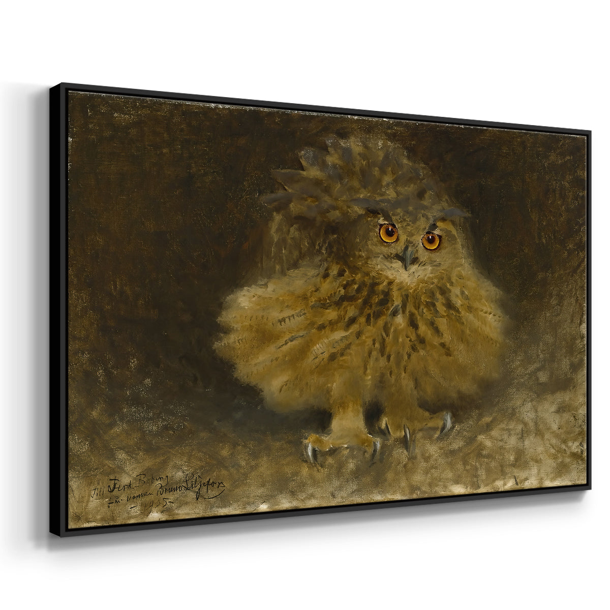 Angled view of An Eagle Owl (Berguv), 1905 by Bruno Liljefors in a black floater framed canvas.