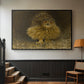 Black floater framed canvas featuring a realistic depiction of owl camouflaged within woodland environment, displayed in a hallway near a staircase.