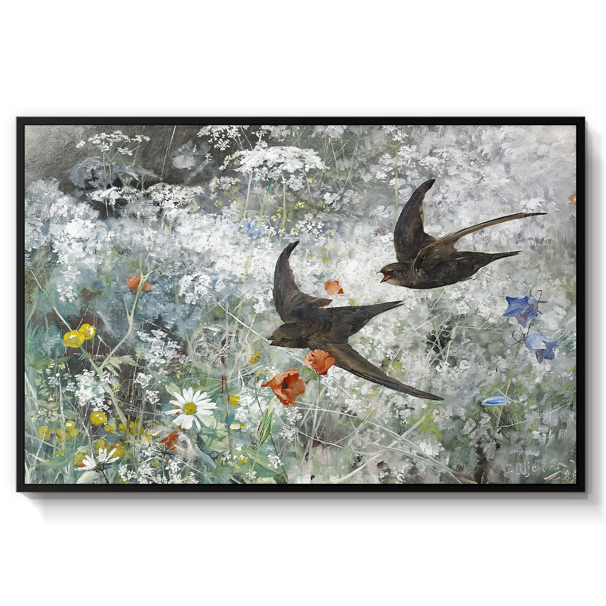 Common Swifts, 1886 by Bruno Liljefors in a black floater framed canvas wall art display.