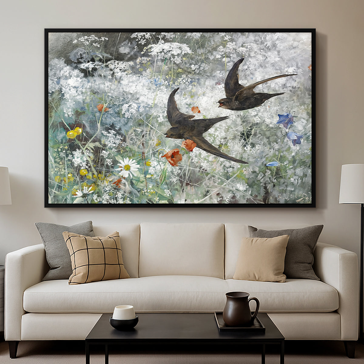 Common Swifts, 1886 by Bruno Liljefors displayed in a black floater framed canvas above a sofa in a clean living room.