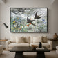 Common Swifts, 1886 by Bruno Liljefors as a black floater framed canvas featuring a flock of birds in flight soaring across open sky above landscape, displayed above a sofa in a modern living room.