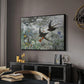Common Swifts, 1886 by Bruno Liljefors in a black floater framed canvas featuring a multiple birds flying together in natural outdoor scene, displayed above a desk in a dark home office interior.