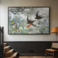 Black floater framed canvas featuring an impressionist wildlife scene capturing birds in motion, displayed in a hallway near a staircase.