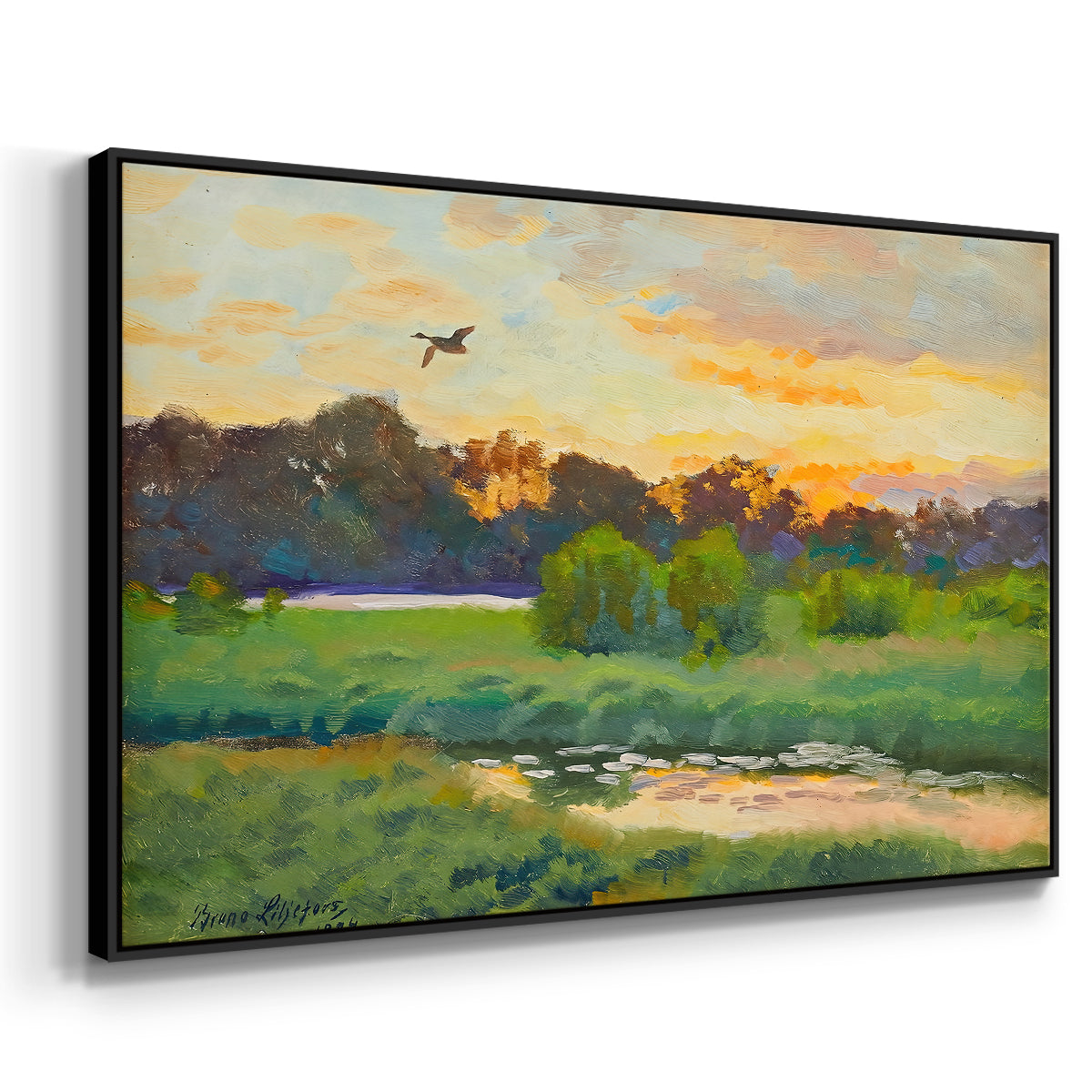Angled view of Flying Duck at Sunset, 1924 by Bruno Liljefors in a black floater framed canvas.