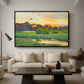 Flying Duck at Sunset, 1924 by Bruno Liljefors as a black floater framed canvas featuring a wild duck flying over a sunset marsh with trees, displayed above a sofa in a modern living room.