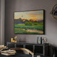Flying Duck at Sunset, 1924 by Bruno Liljefors in a black floater framed canvas featuring a wild duck gliding through a golden sunset sky, displayed above a desk in a dark home office interior.