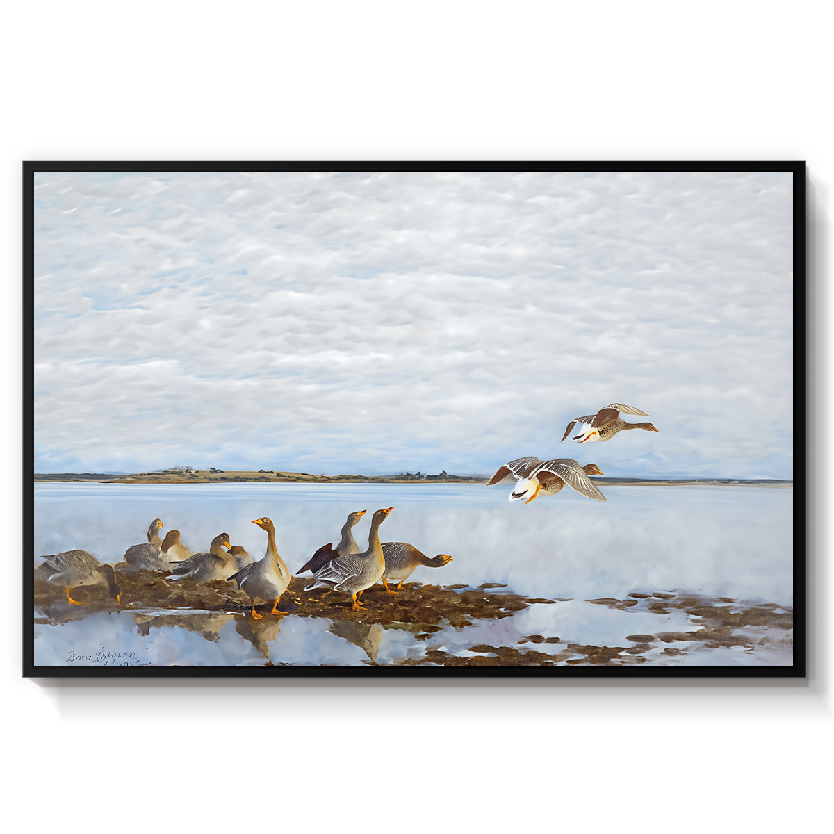 Greylag Geese (Grågäss), 1922 by Bruno Liljefors in a black floater framed canvas wall art display.