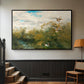 Black floater framed canvas featuring a realistic depiction of ducks in countryside landscape, displayed in a hallway near a staircase.