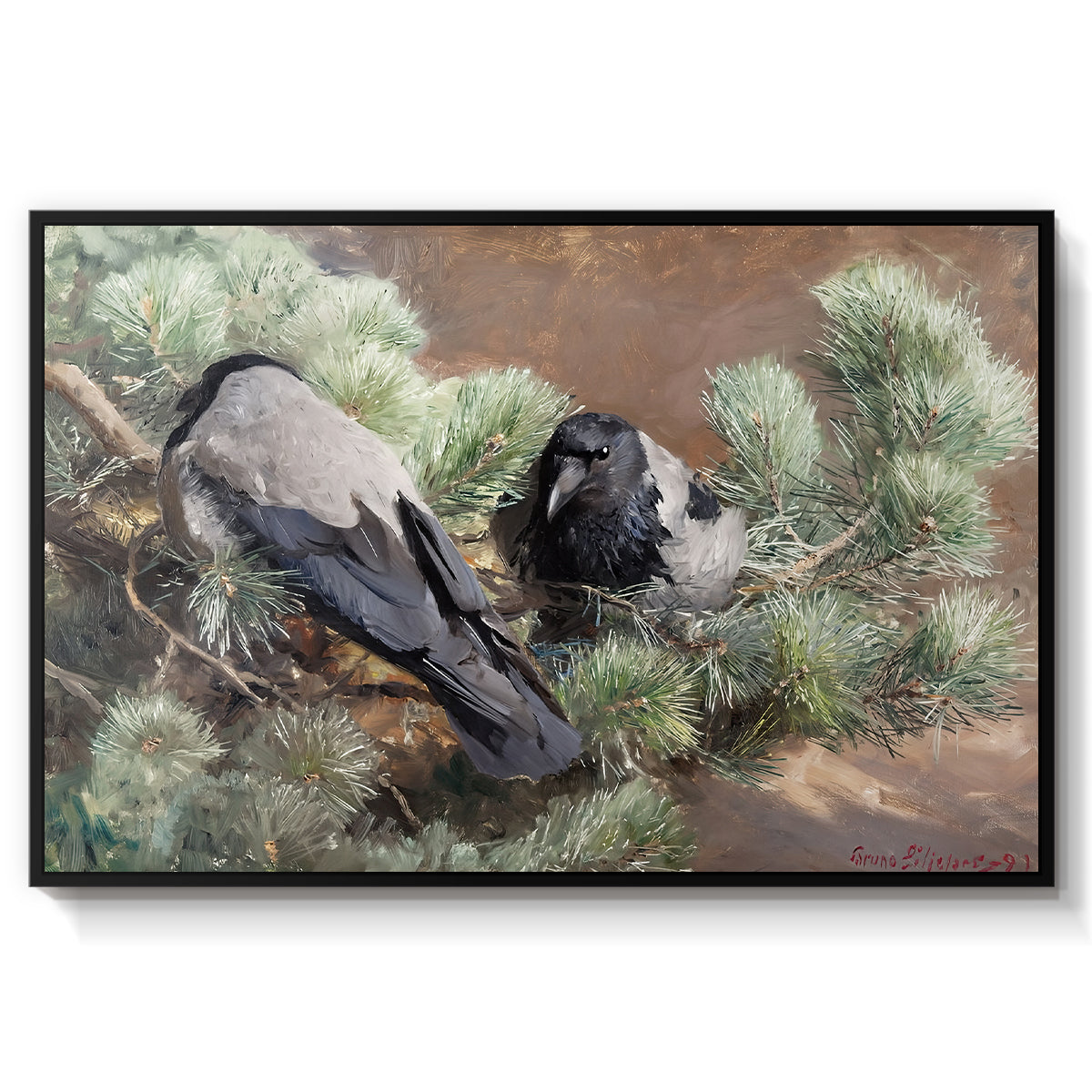 Hooded Crows (Kråkor), 1891 by Bruno Liljefors in a black floater framed canvas wall art display.