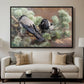 Hooded Crows (Kråkor), 1891 by Bruno Liljefors displayed in a black floater framed canvas above a sofa in a clean living room.