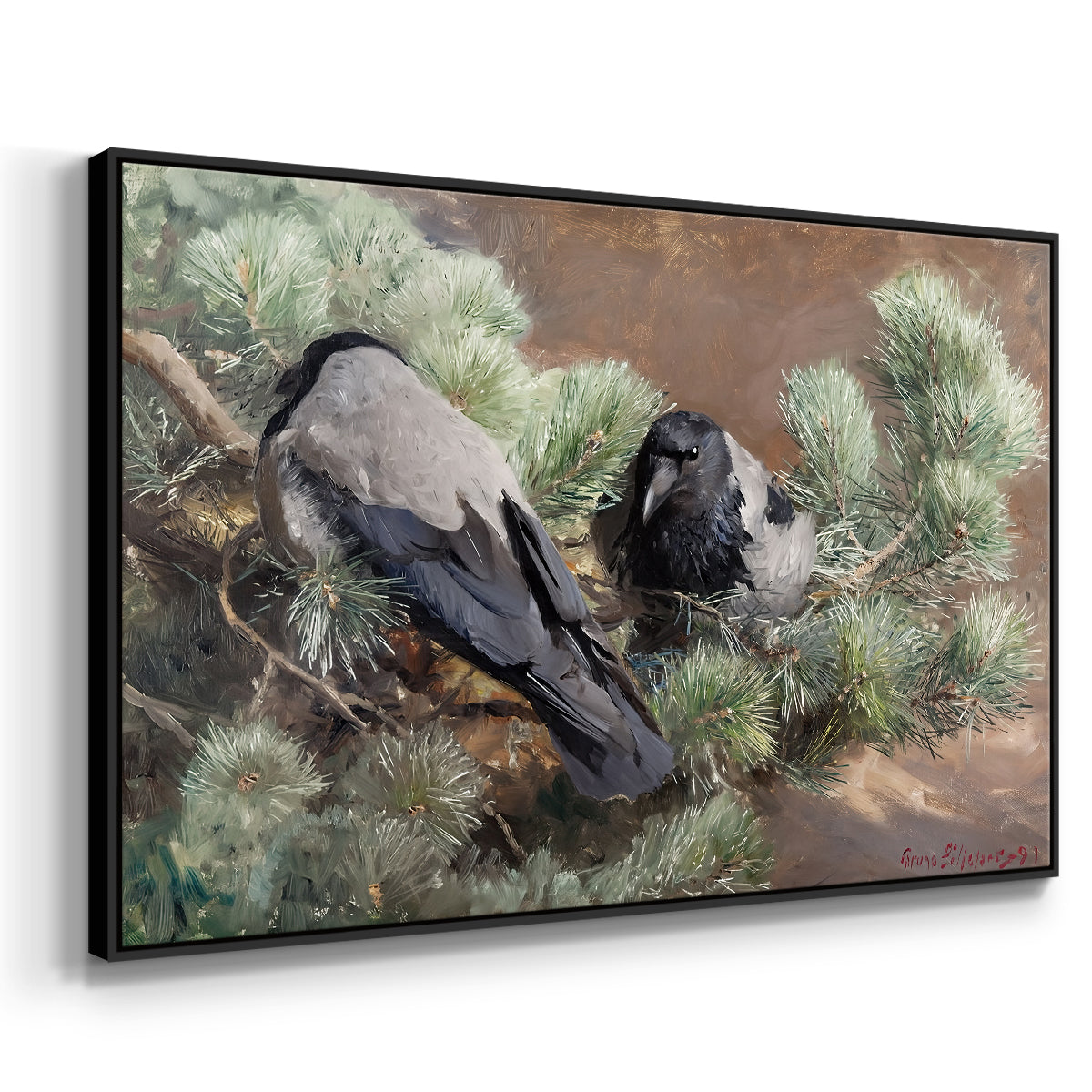 Angled view of Hooded Crows (Kråkor), 1891 by Bruno Liljefors in a black floater framed canvas.