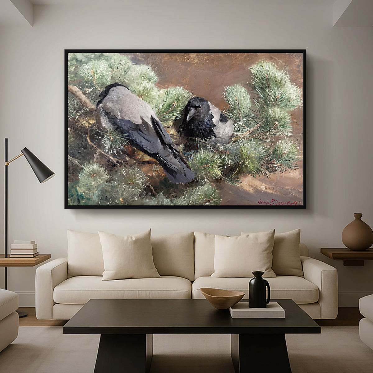 Hooded Crows (Kråkor), 1891 by Bruno Liljefors as a black floater framed canvas featuring two crows perched on ground among grass and earth tones, displayed above a sofa in a modern living room.