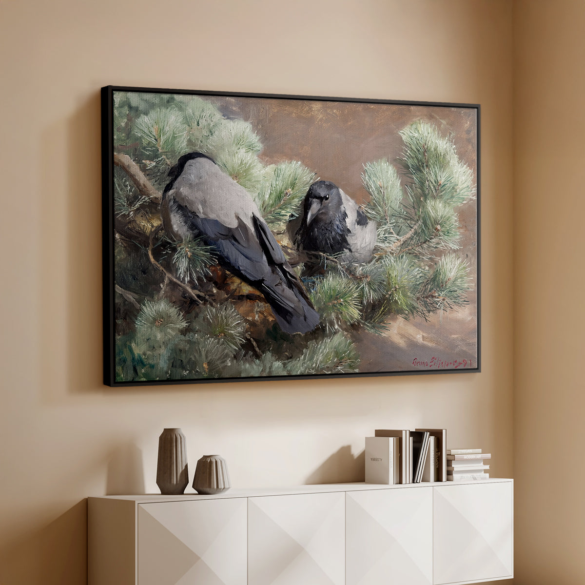 Black floater framed canvas of Hooded Crows (Kråkor), 1891 by Bruno Liljefors, featuring birds standing alert in natural field environment above a console cabinet in a minimalist entryway.