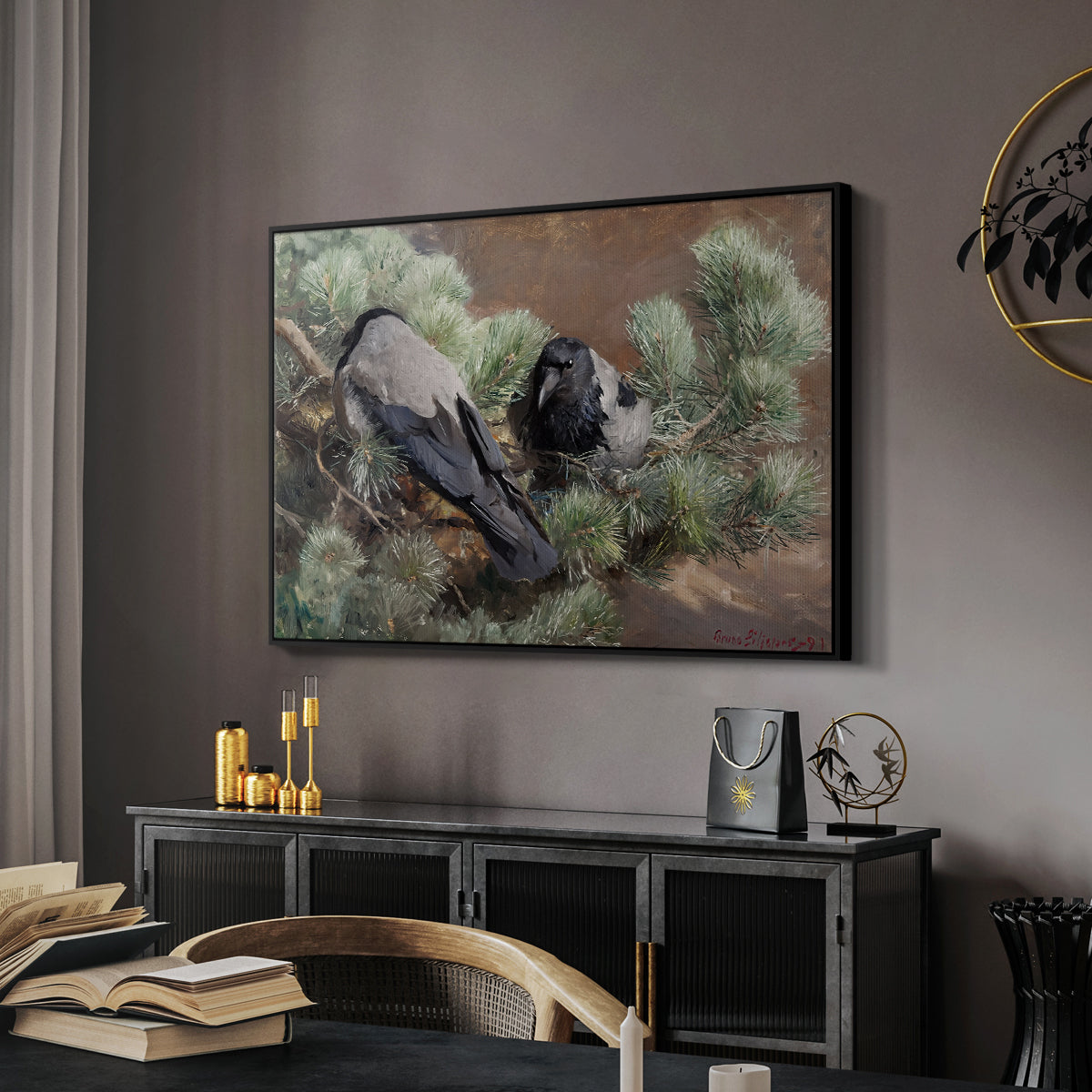 Hooded Crows (Kråkor), 1891 by Bruno Liljefors in a black floater framed canvas featuring a realistic scene of crows interacting on grassy terrain, displayed above a desk in a dark home office interior.