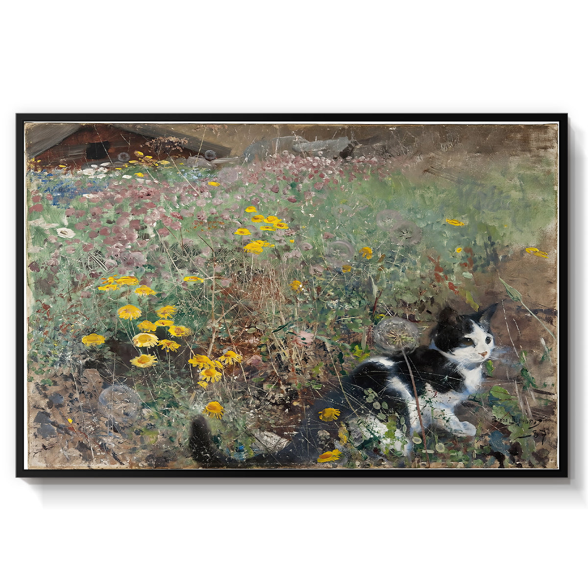 Cat on a Flowery Meadow, 1887 by Bruno Liljefors in a black floater framed canvas wall art display.
