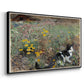 Angled view of Cat on a Flowery Meadow, 1887 by Bruno Liljefors in a black floater framed canvas.