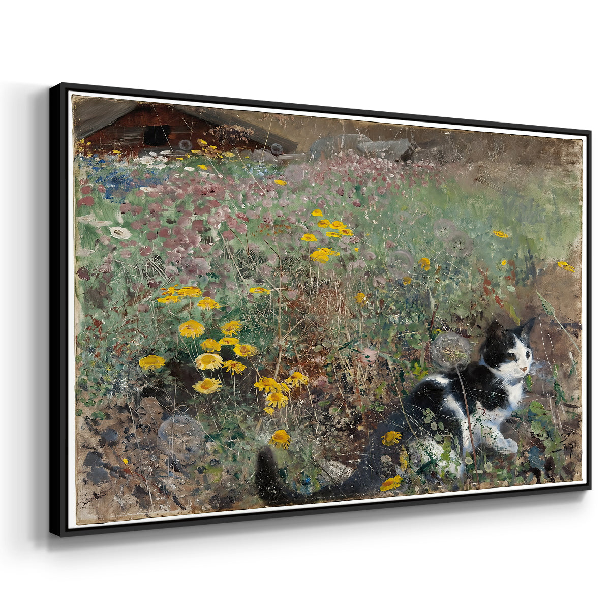 Angled view of Cat on a Flowery Meadow, 1887 by Bruno Liljefors in a black floater framed canvas.