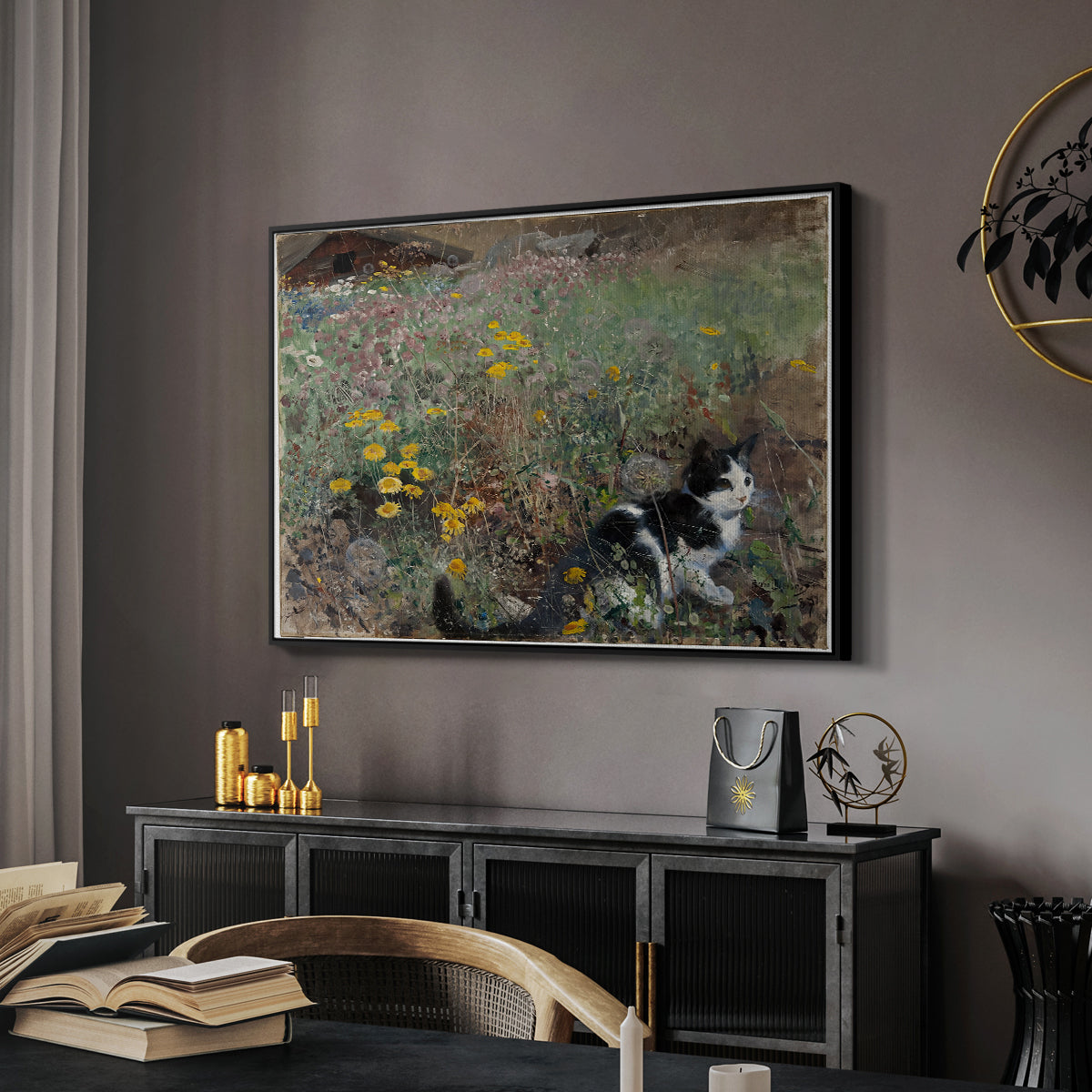 Cat on a Flowery Meadow, 1887 by Bruno Liljefors in a black floater framed canvas featuring an animal scene of cat hidden in lush meadow vegetation, displayed above a desk in a dark home office interior.