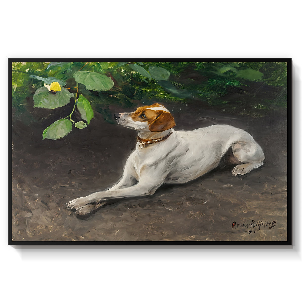 Portrait of a Dog, 1891 by Bruno Liljefors in a black floater framed canvas wall art display.