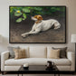 Portrait of a Dog, 1891 by Bruno Liljefors displayed in a black floater framed canvas above a sofa in a clean living room.
