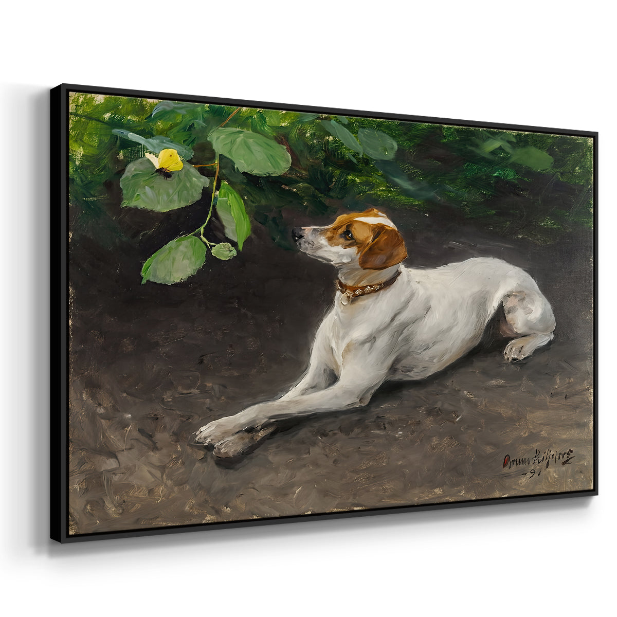 Angled view of Portrait of a Dog, 1891 by Bruno Liljefors in a black floater framed canvas.
