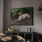 Portrait of a Dog, 1891 by Bruno Liljefors in a black floater framed canvas featuring an animal painting of dog stretched out on earthy terrain, displayed above a desk in a dark home office interior.