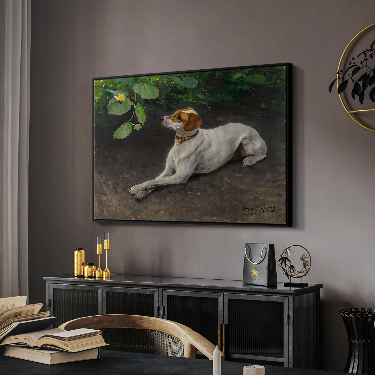 Portrait of a Dog, 1891 by Bruno Liljefors in a black floater framed canvas featuring an animal painting of dog stretched out on earthy terrain, displayed above a desk in a dark home office interior.