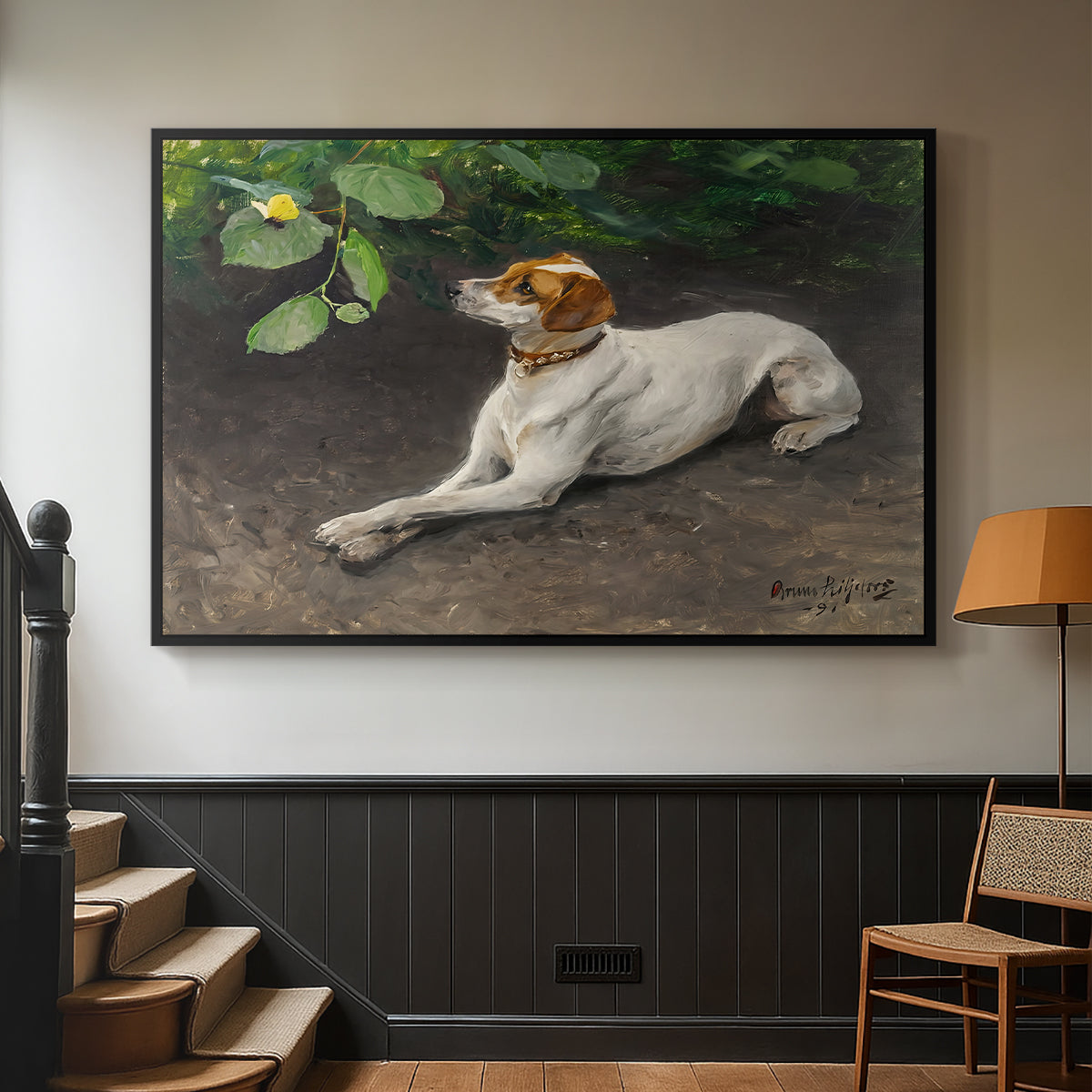 Black floater framed canvas featuring a calm scene of dog reclining in open landscape, displayed in a hallway near a staircase.