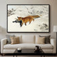 Fox in Snow Landscape, 1900 by Bruno Liljefors displayed in a black floater framed canvas above a sofa in a clean living room.
