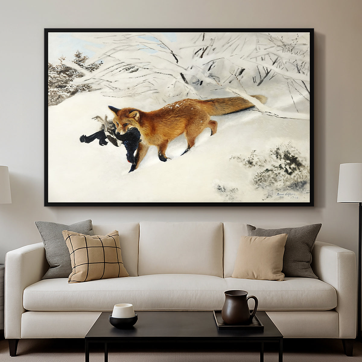 Fox in Snow Landscape, 1900 by Bruno Liljefors displayed in a black floater framed canvas above a sofa in a clean living room.