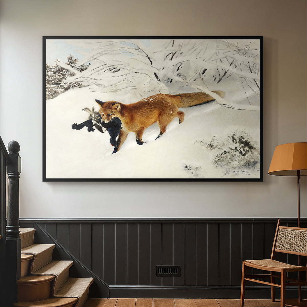 Black floater framed canvas featuring a dynamic depiction of animal in cold snowy environment, displayed in a hallway near a staircase.